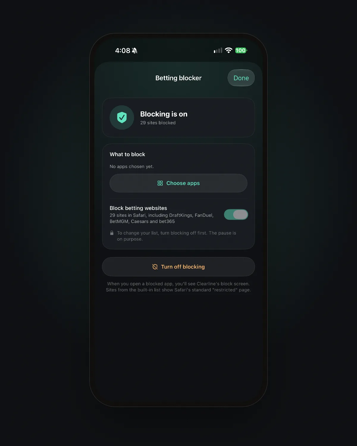 The Clearline betting blocker on an iPhone, with blocking on