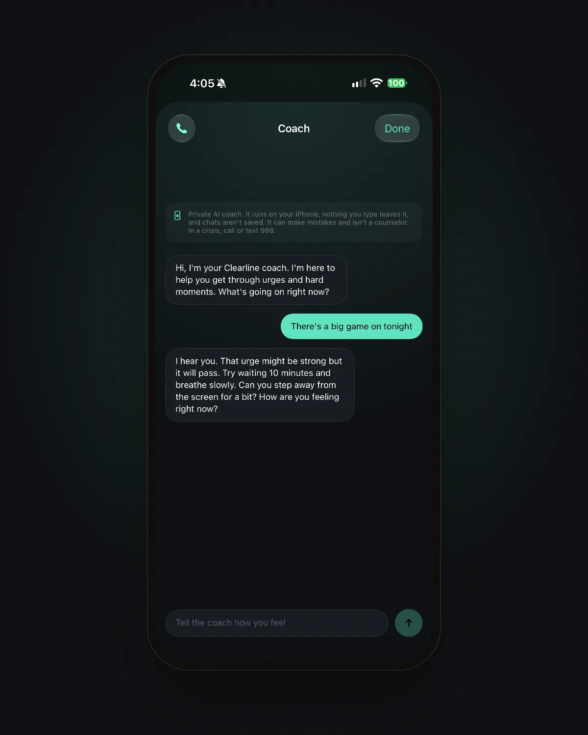 The Clearline AI coach chat on an iPhone