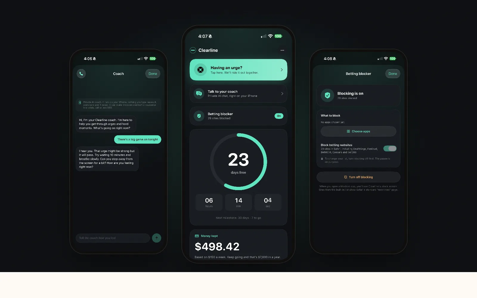 Clearline on three iPhones: the home screen, the AI coach and the betting blocker