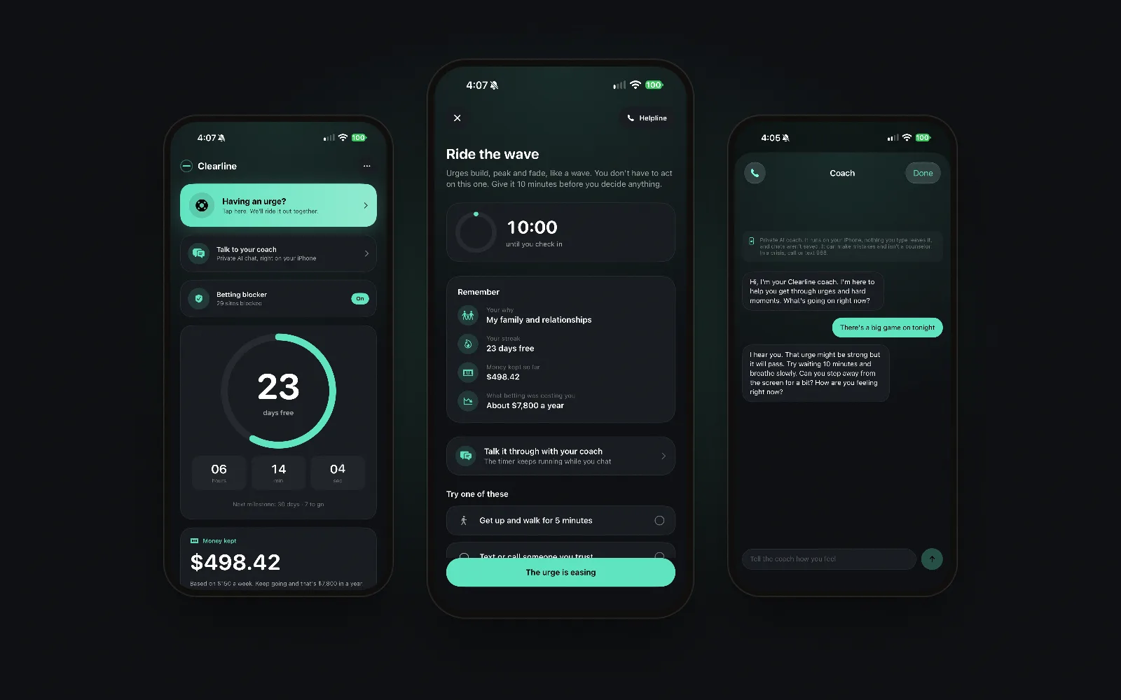 Clearline's home screen, Ride the wave screen and AI coach on three iPhones
