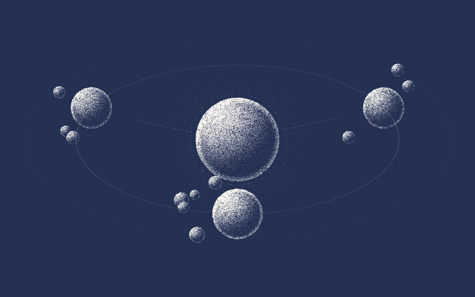 Generative illustration: a stippled core with three product clusters on its orbit