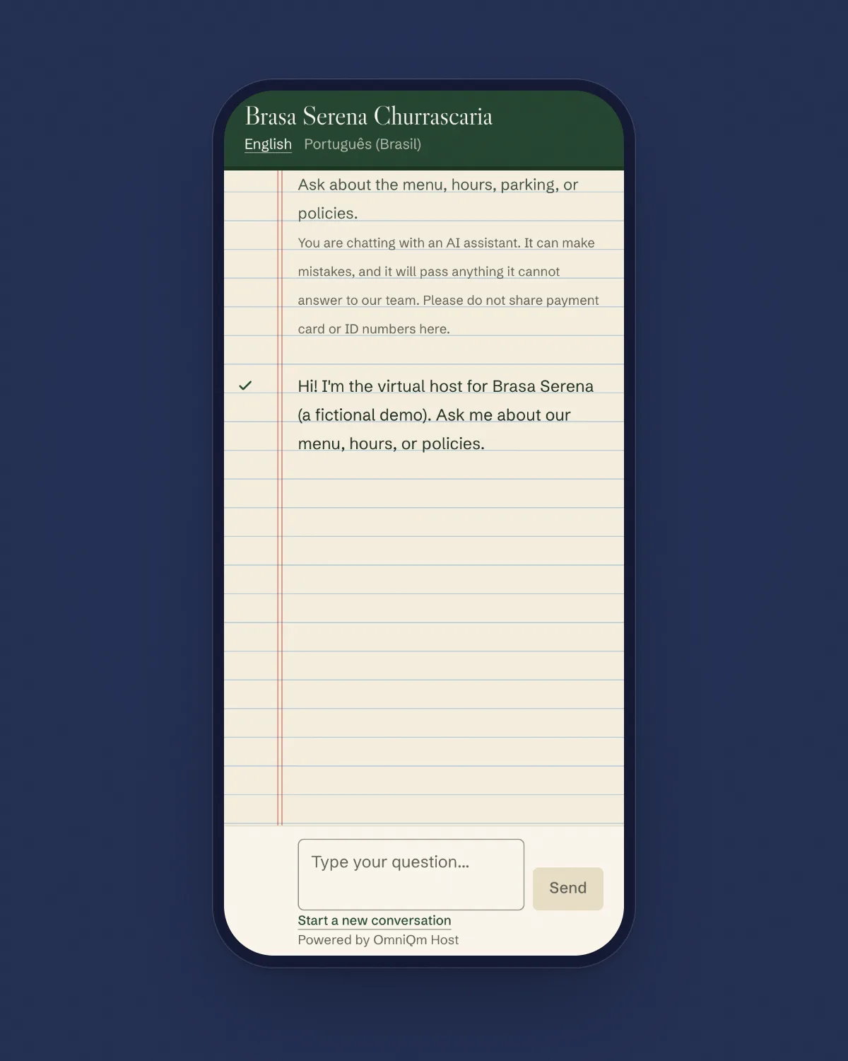 The OmniQm Host guest chat on a phone, for the fictional Brasa Serena Churrascaria