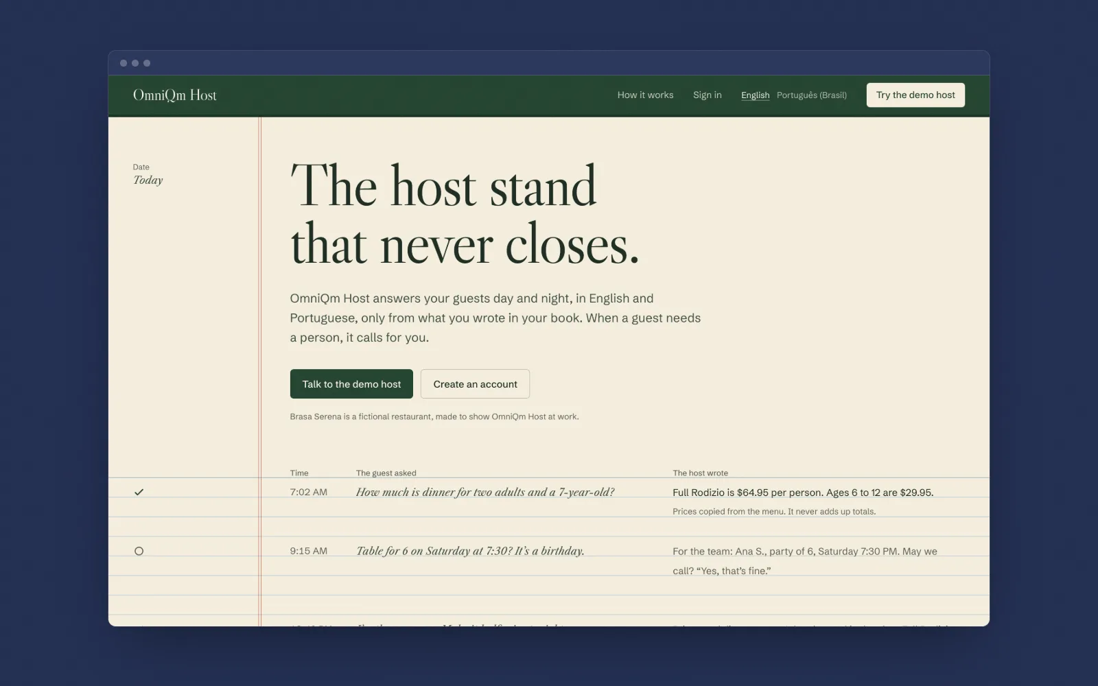 The OmniQm Host home page: The host stand that never closes