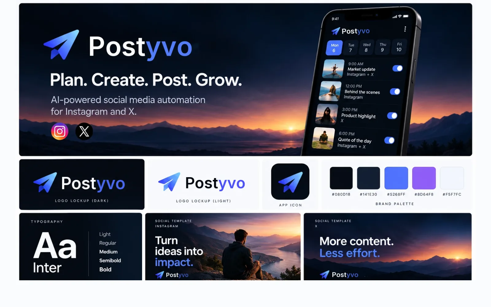 The Postyvo brand system: logo lockups, app icon, palette, type and social templates