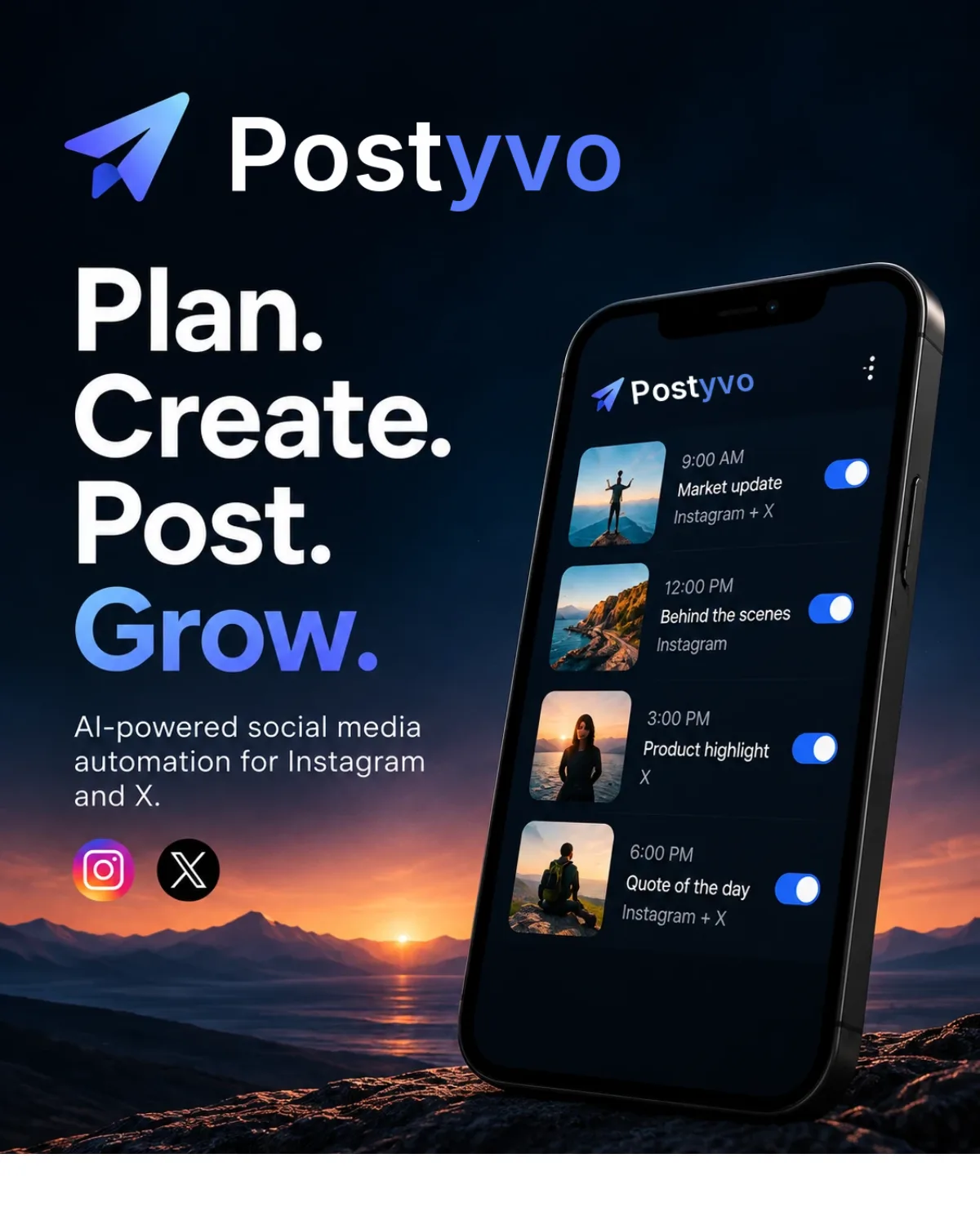 Postyvo launch poster with a phone showing a day of scheduled posts